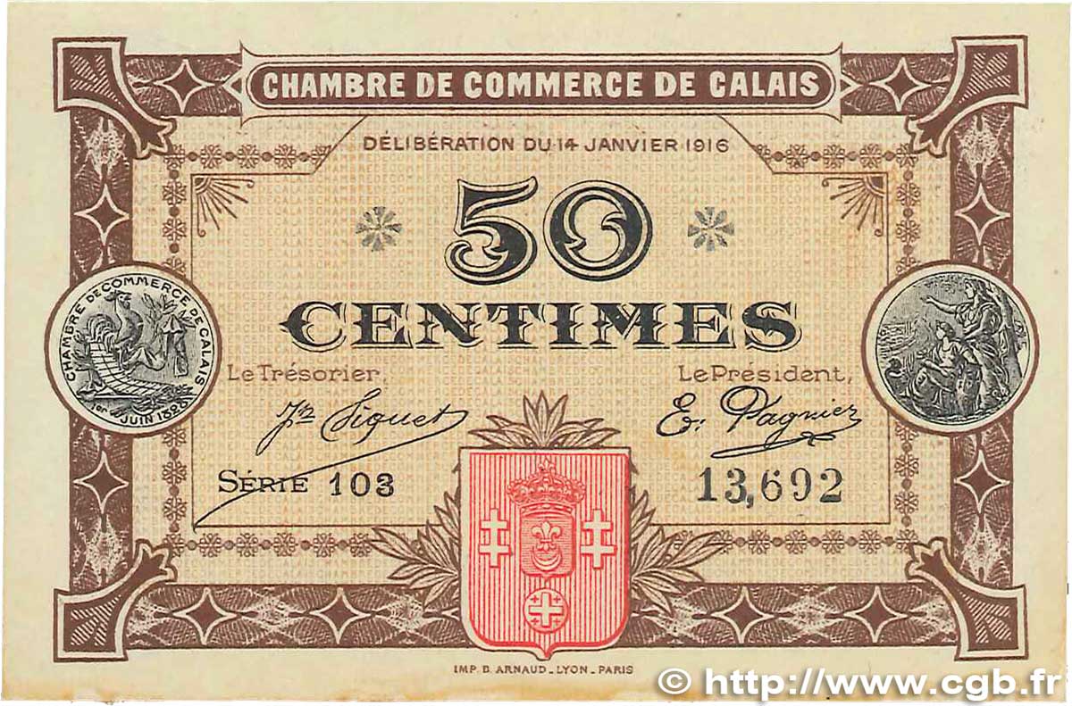 50 Centimes FRANCE regionalism and miscellaneous Calais 1916 JP.036.21 VF+