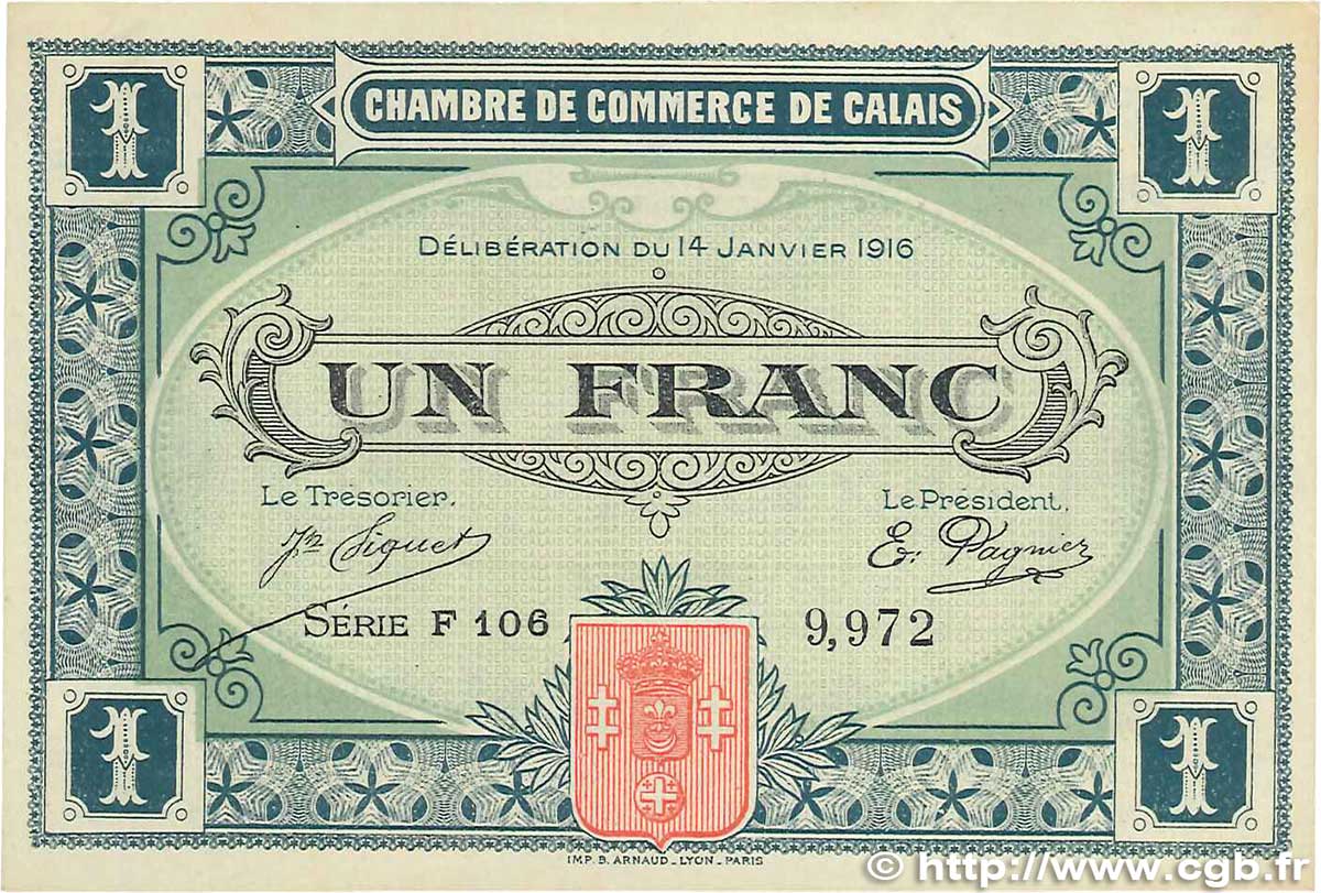 1 Franc FRANCE regionalismo y varios Calais 1916 JP.036.25 EBC