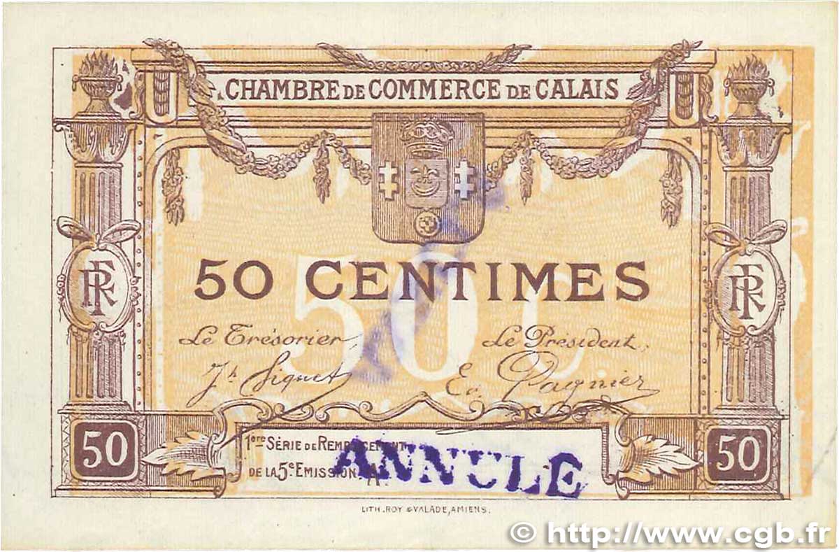 50 Centimes Annulé FRANCE regionalism and various Calais 1919 JP.036.34 VF+