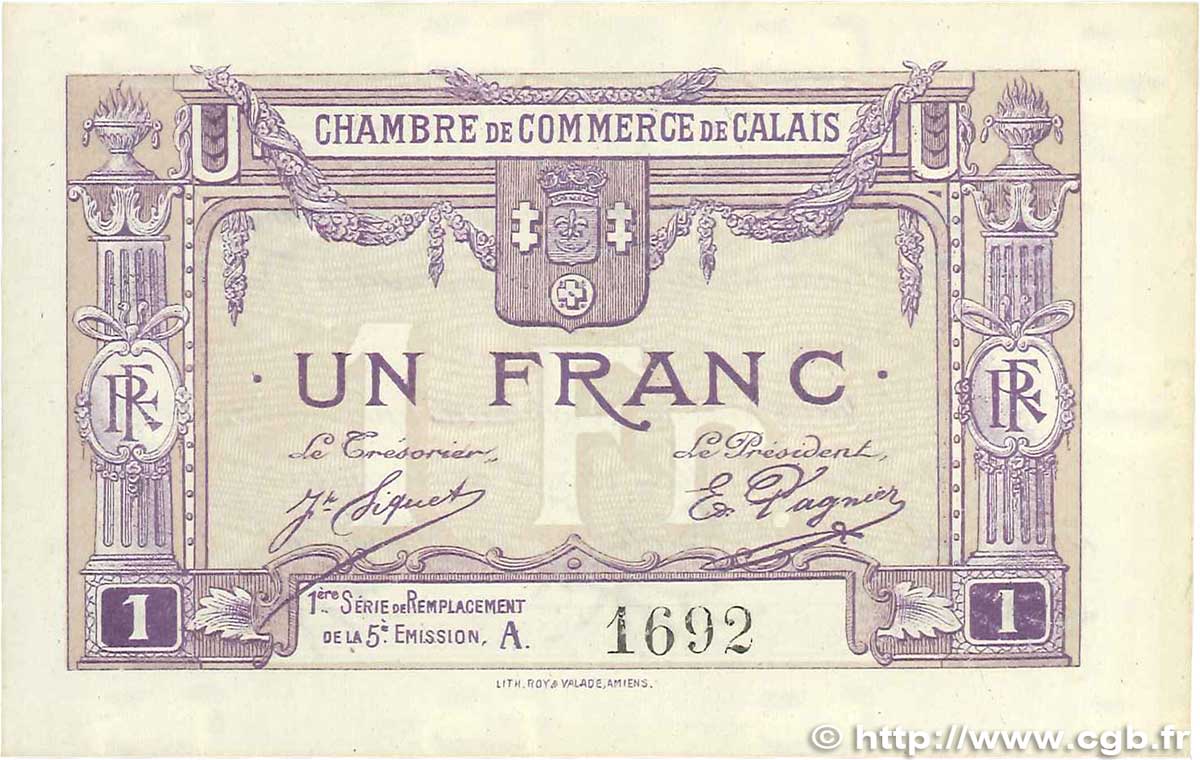 1 Franc FRANCE regionalism and miscellaneous Calais 1919 JP.036.37 XF+