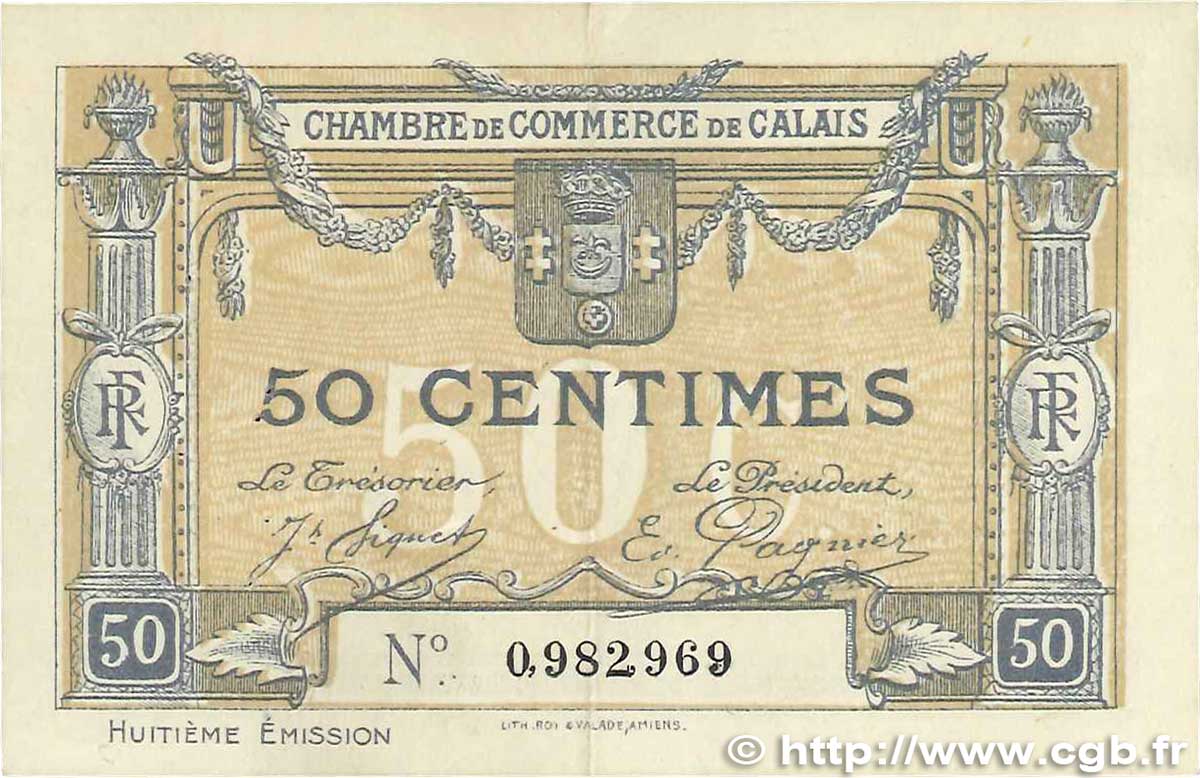 50 Centimes FRANCE regionalism and various Calais 1920 JP.036.42 VF+