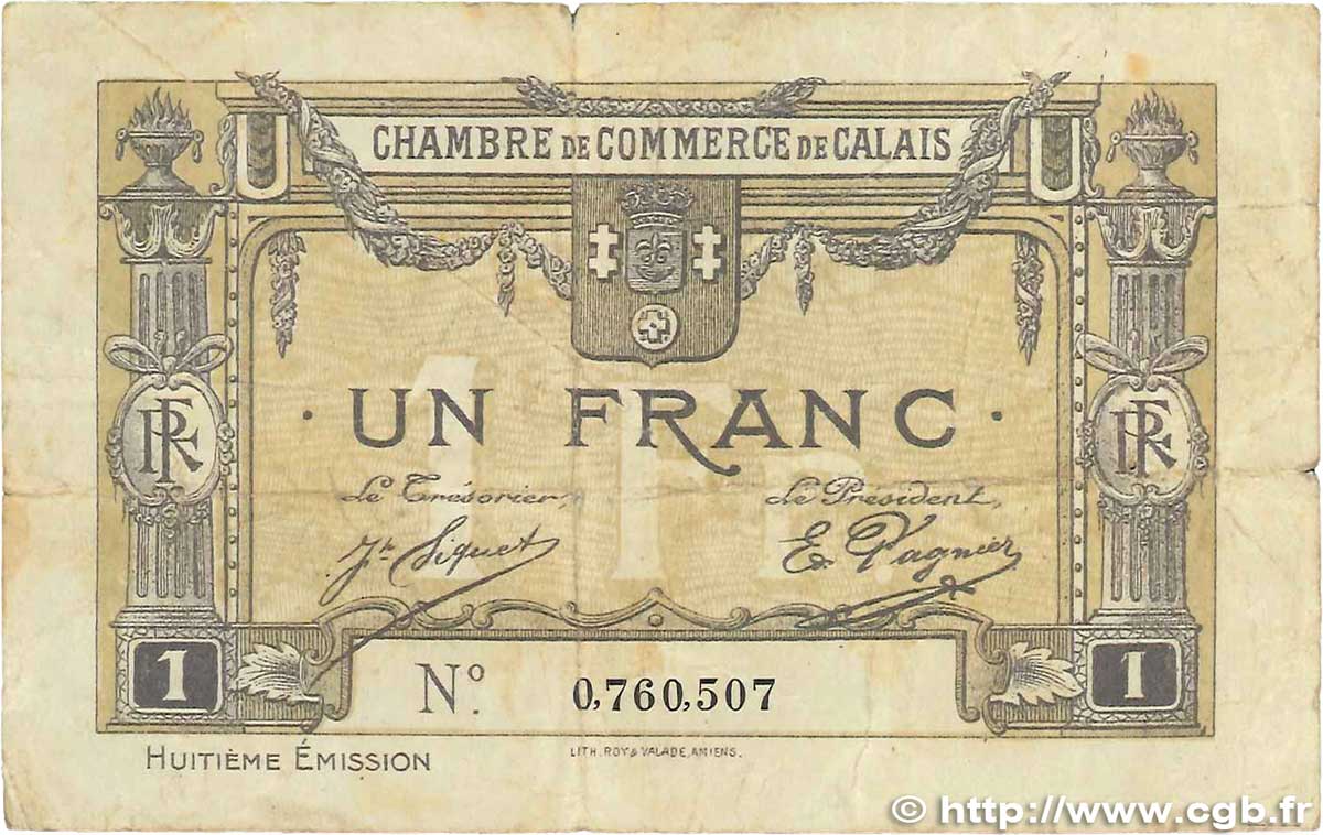 1 Franc FRANCE regionalismo e varie Calais 1920 JP.036.43 q.MB