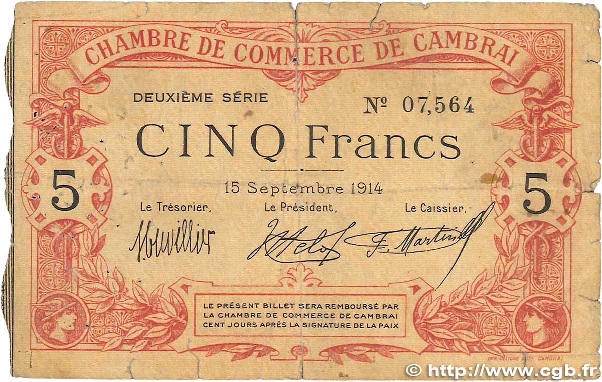 5 Francs FRANCE Regionalismus und verschiedenen Cambrai 1914 JP.037.14 SGE