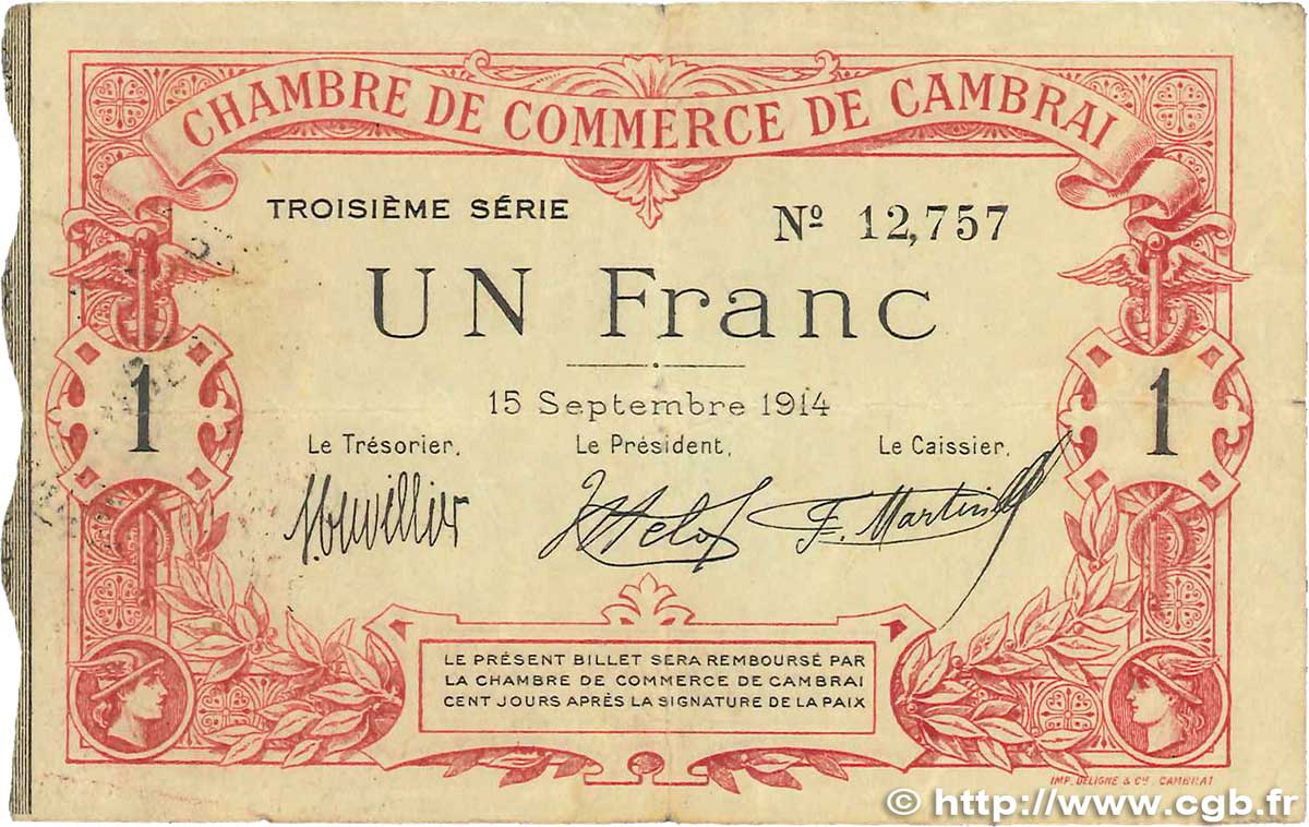 1 Franc FRANCE regionalism and various Cambrai 1914 JP.037.21 VG