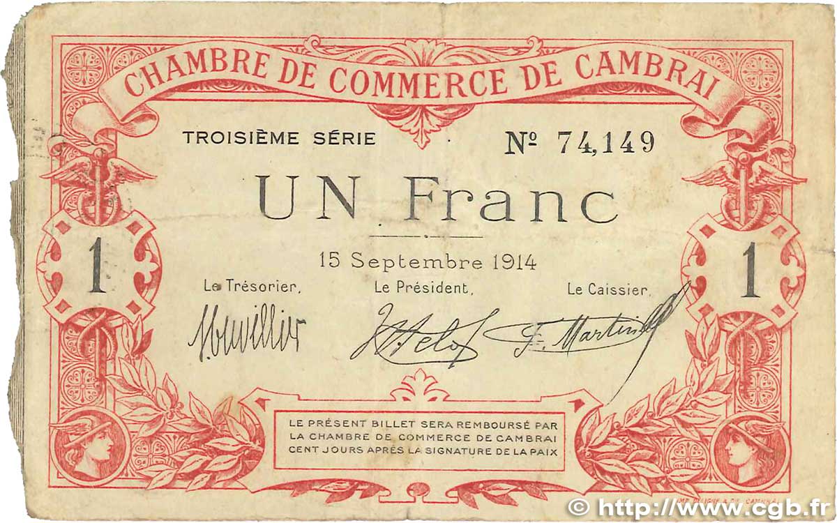 1 Franc FRANCE regionalismo y varios Cambrai 1914 JP.037.21 BC
