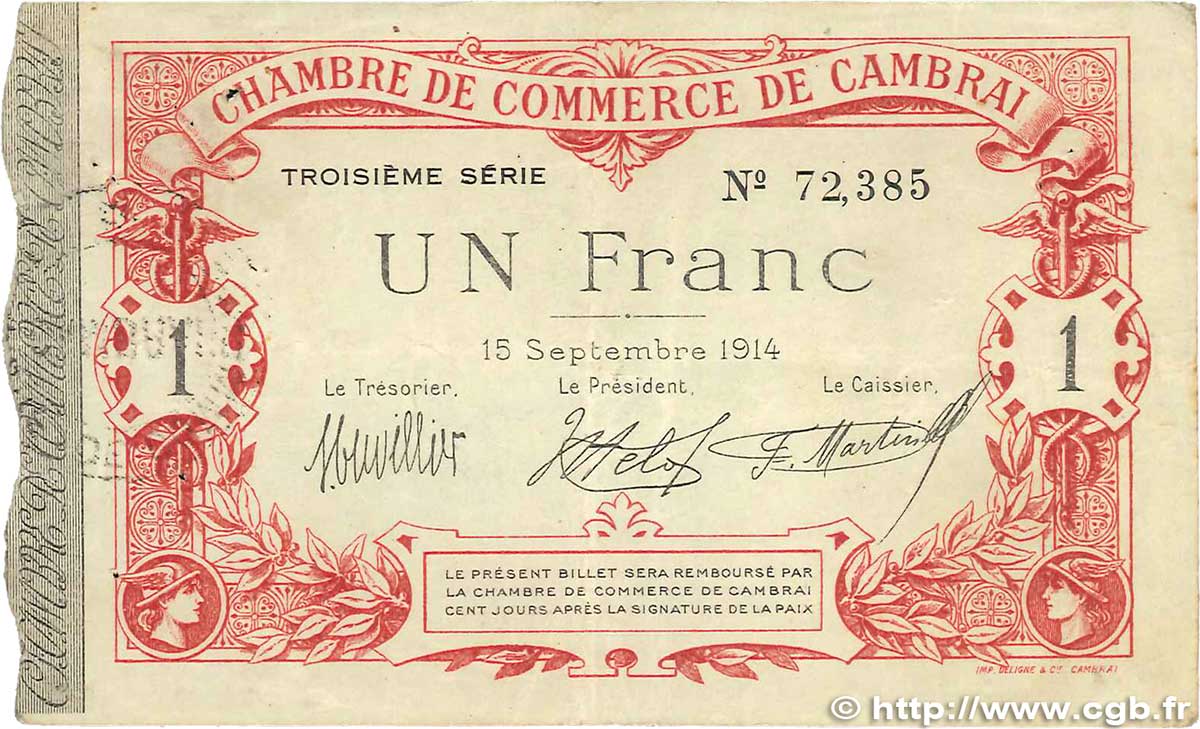 1 Franc FRANCE Regionalismus und verschiedenen Cambrai 1914 JP.037.21 fSS