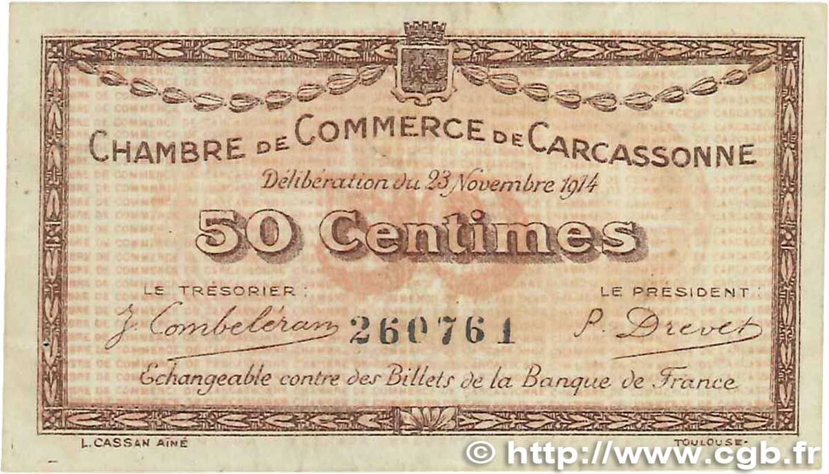 50 Centimes FRANCE regionalismo y varios Carcassonne 1914 JP.038.01 BC