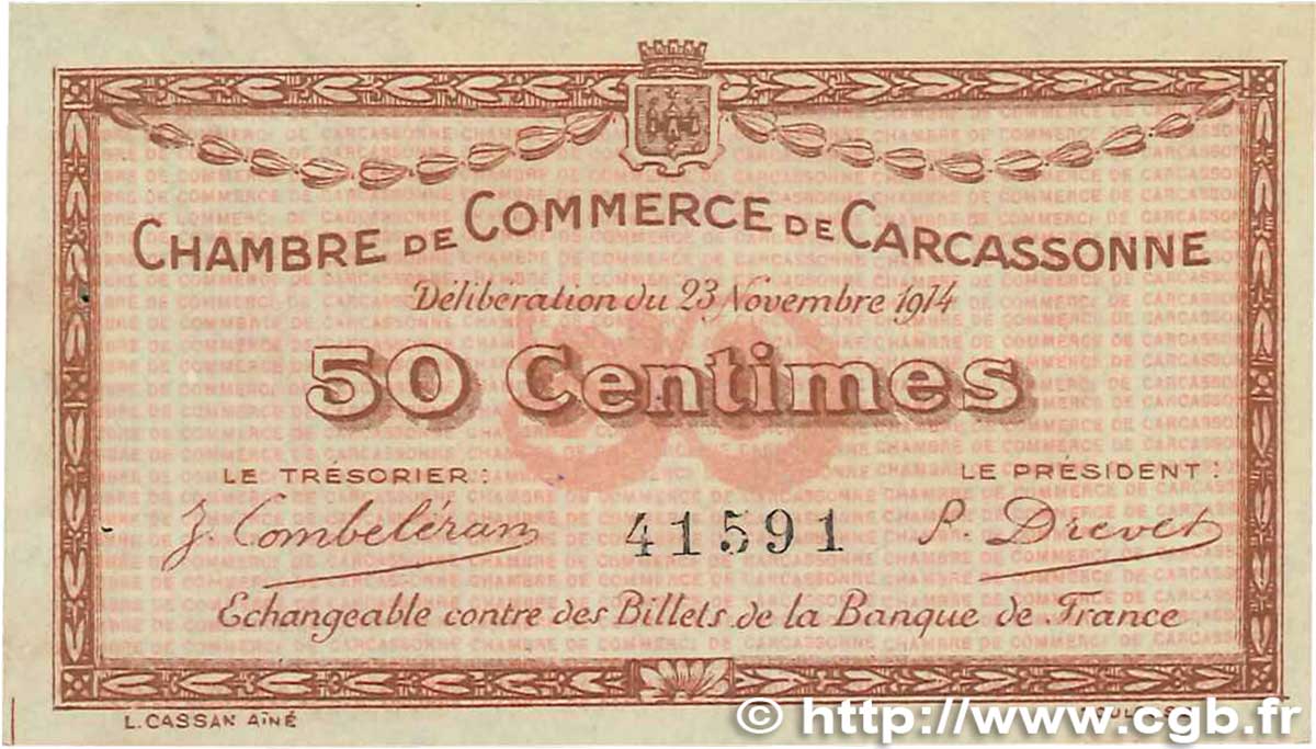 50 Centimes FRANCE régionalisme et divers Carcassonne 1914 JP.038.01 SUP