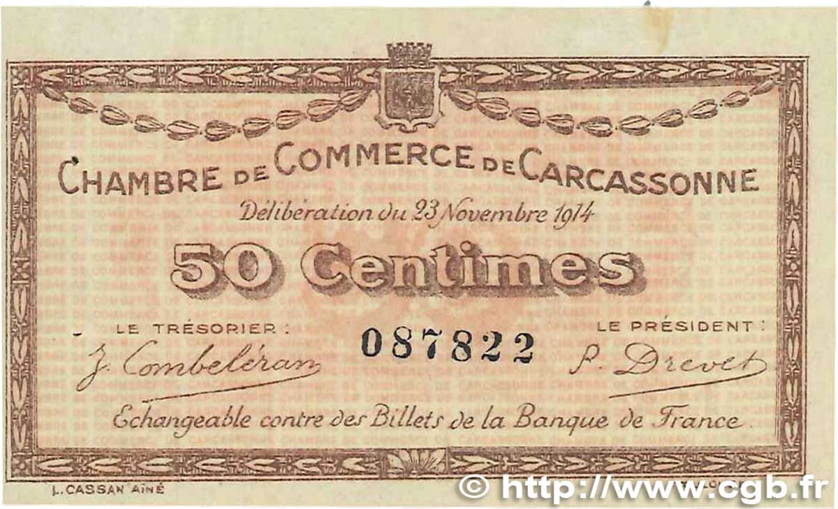 50 Centimes FRANCE regionalismo e varie Carcassonne 1914 JP.038.01 SPL+