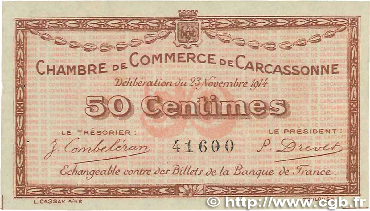 50 Centimes FRANCE regionalism and miscellaneous Carcassonne 1914 JP.038.01 XF