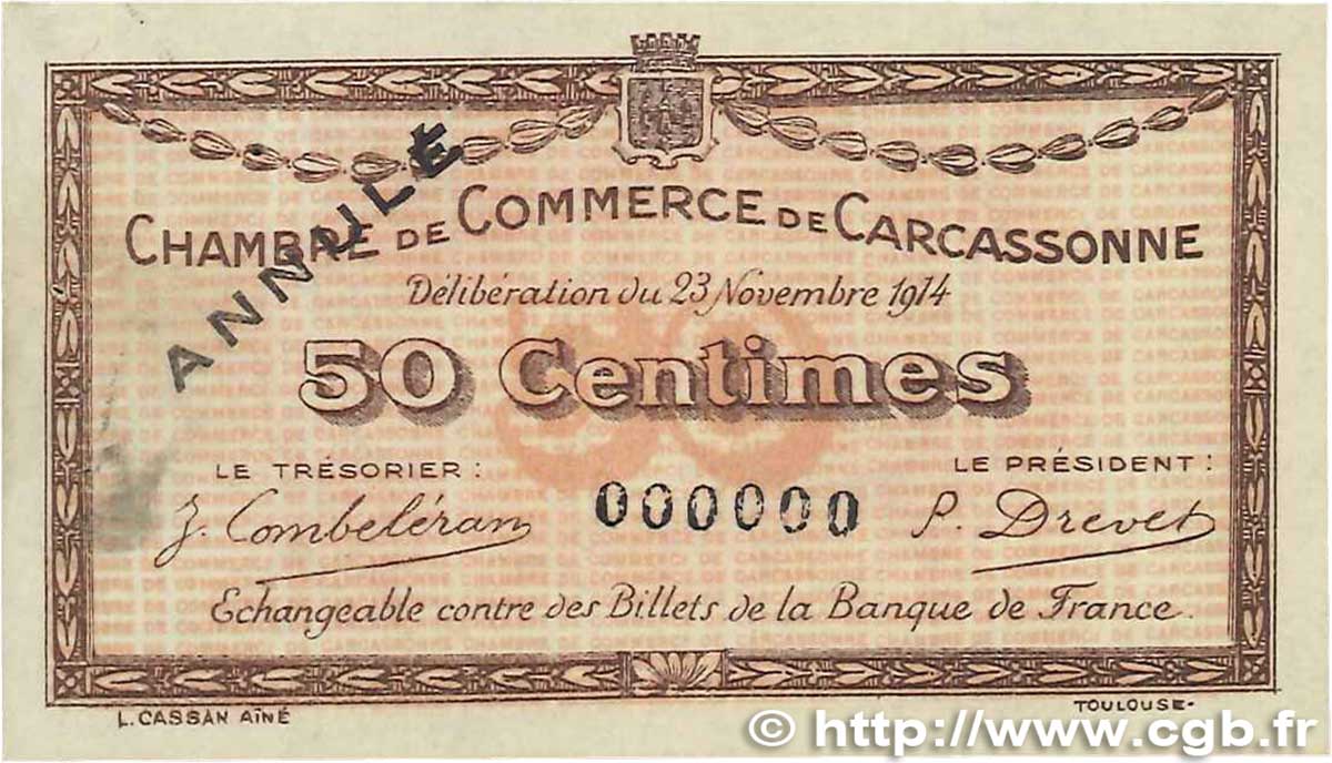 50 Centimes Annulé FRANCE regionalismo y varios Carcassonne 1914 JP.038.04 MBC+