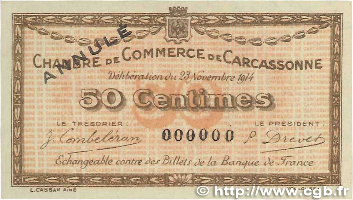 50 Centimes Annulé FRANCE régionalisme et divers Carcassonne 1914 JP.038.04 NEUF