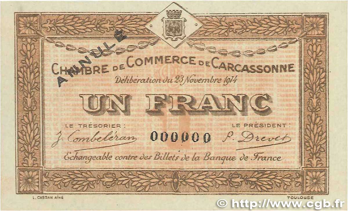 1 Franc Annulé FRANCE régionalisme et divers Carcassonne 1914 JP.038.08 pr.NEUF