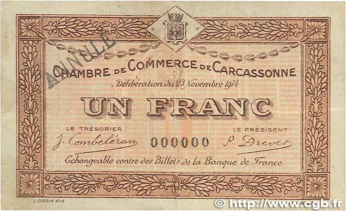 1 Franc Annulé FRANCE regionalismo y varios Carcassonne 1914 JP.038.09 BC+