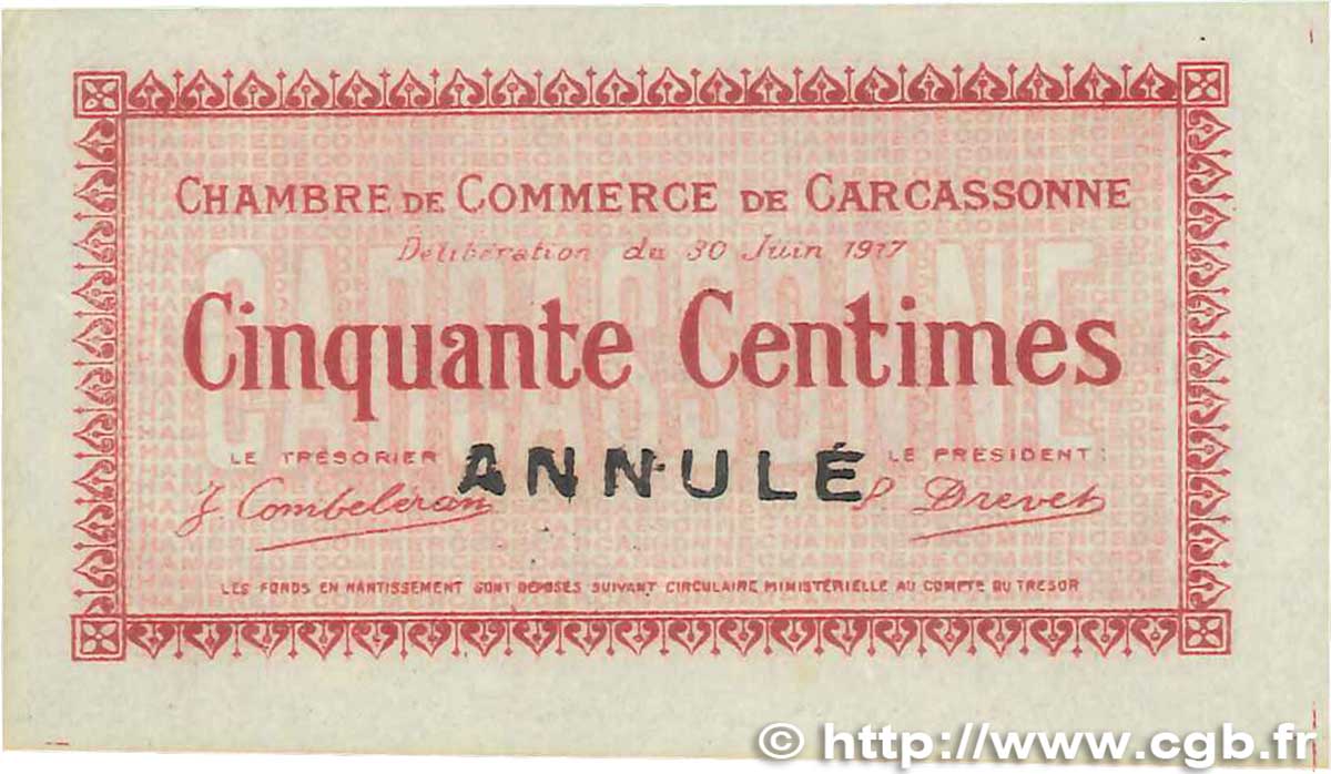 50 Centimes Annulé FRANCE regionalismo e varie Carcassonne 1917 JP.038.12 SPL