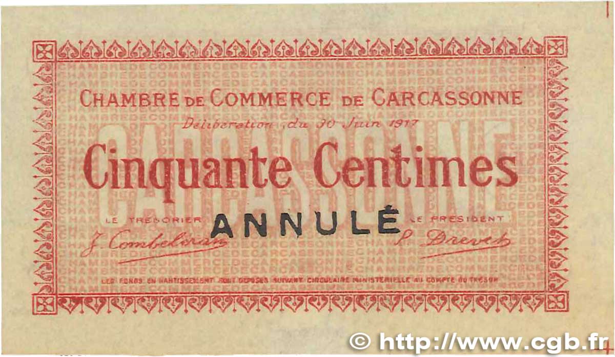 50 Centimes Annulé FRANCE regionalismo y varios Carcassonne 1917 JP.038.12 SC+