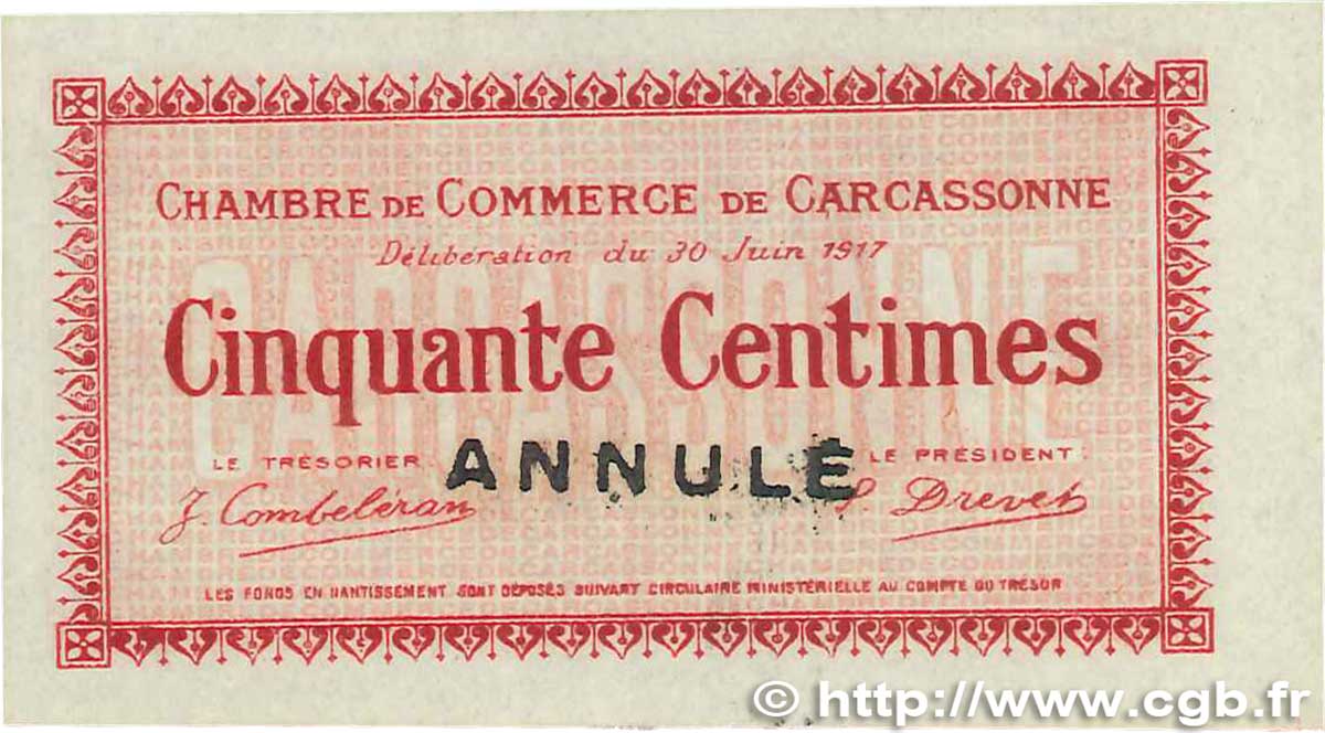 50 Centimes Annulé FRANCE Regionalismus und verschiedenen Carcassonne 1917 JP.038.12 fST+
