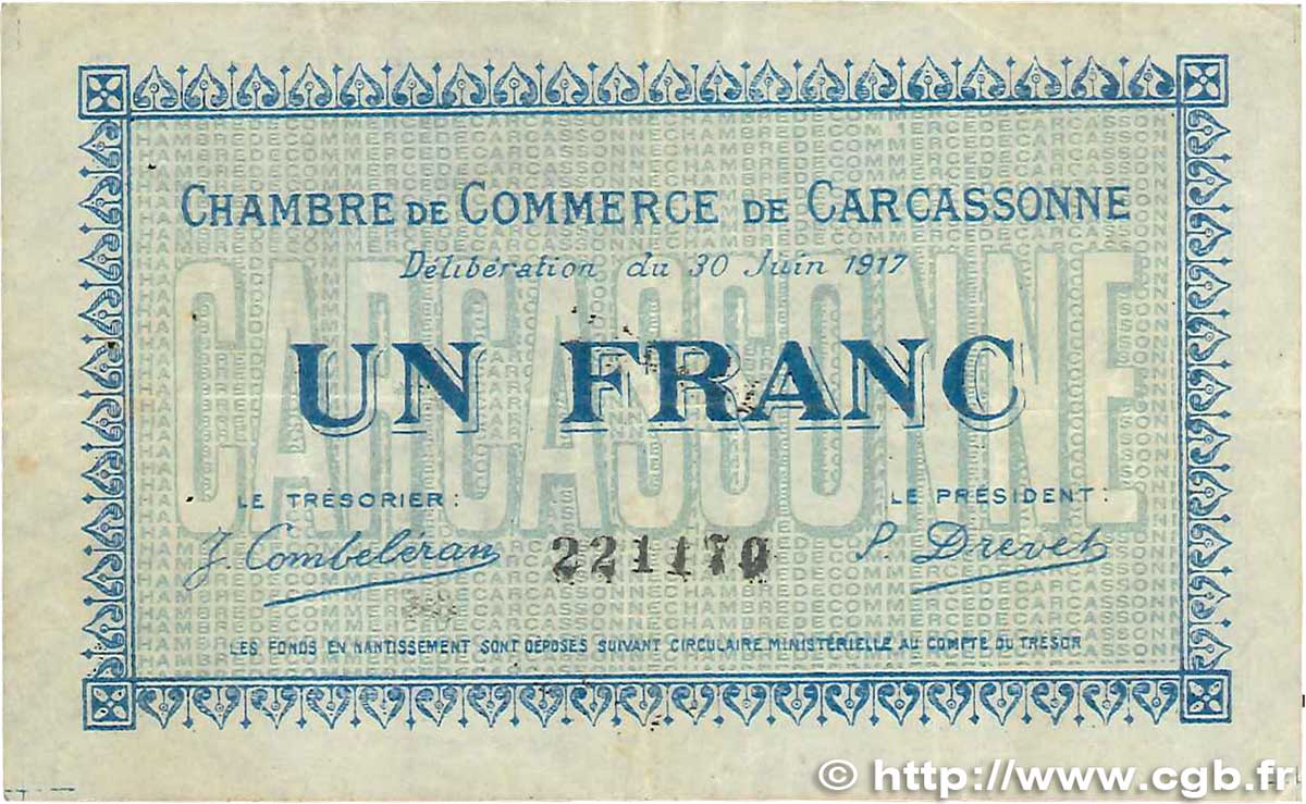 1 Franc FRANCE Regionalismus und verschiedenen Carcassonne 1917 JP.038.13 S