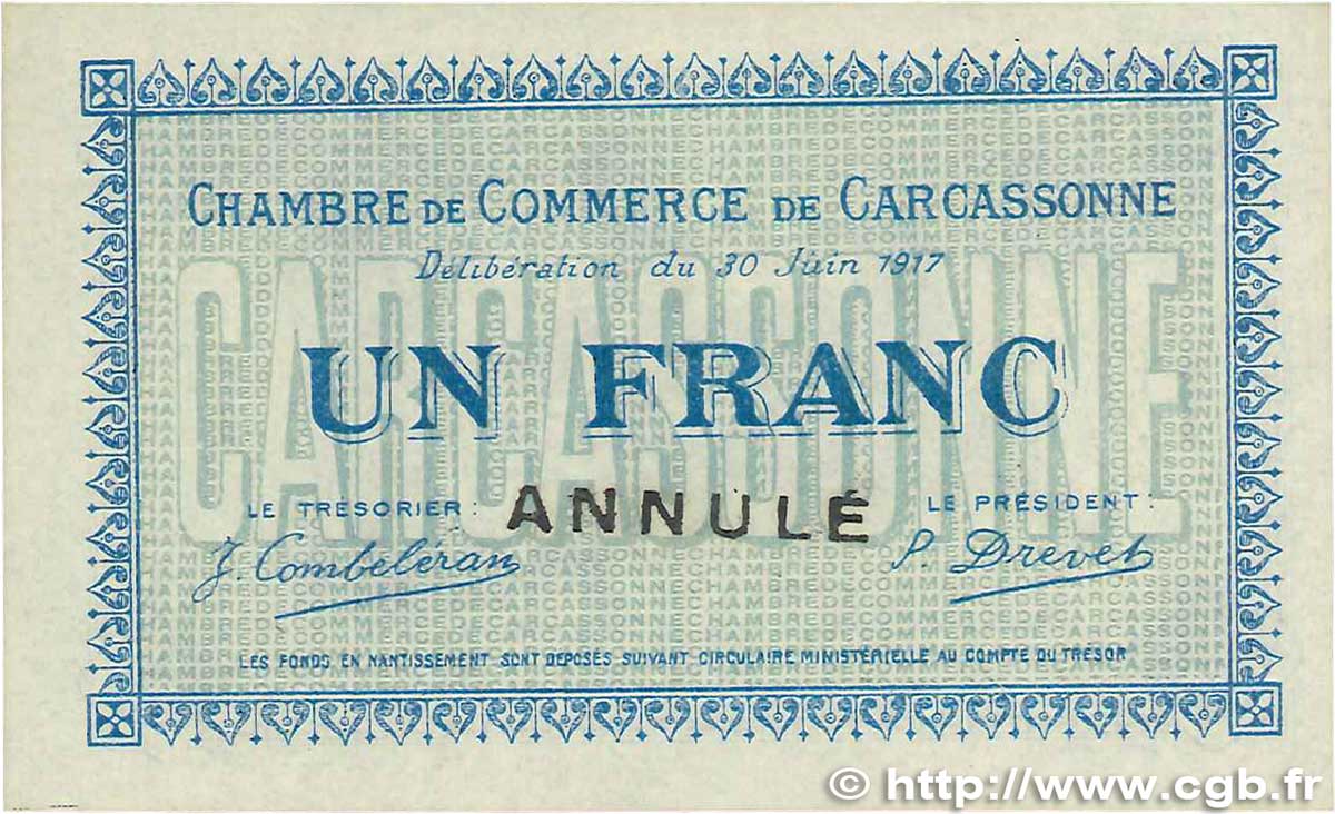 1 Franc Annulé FRANCE regionalismo y varios Carcassonne 1917 JP.038.14 FDC