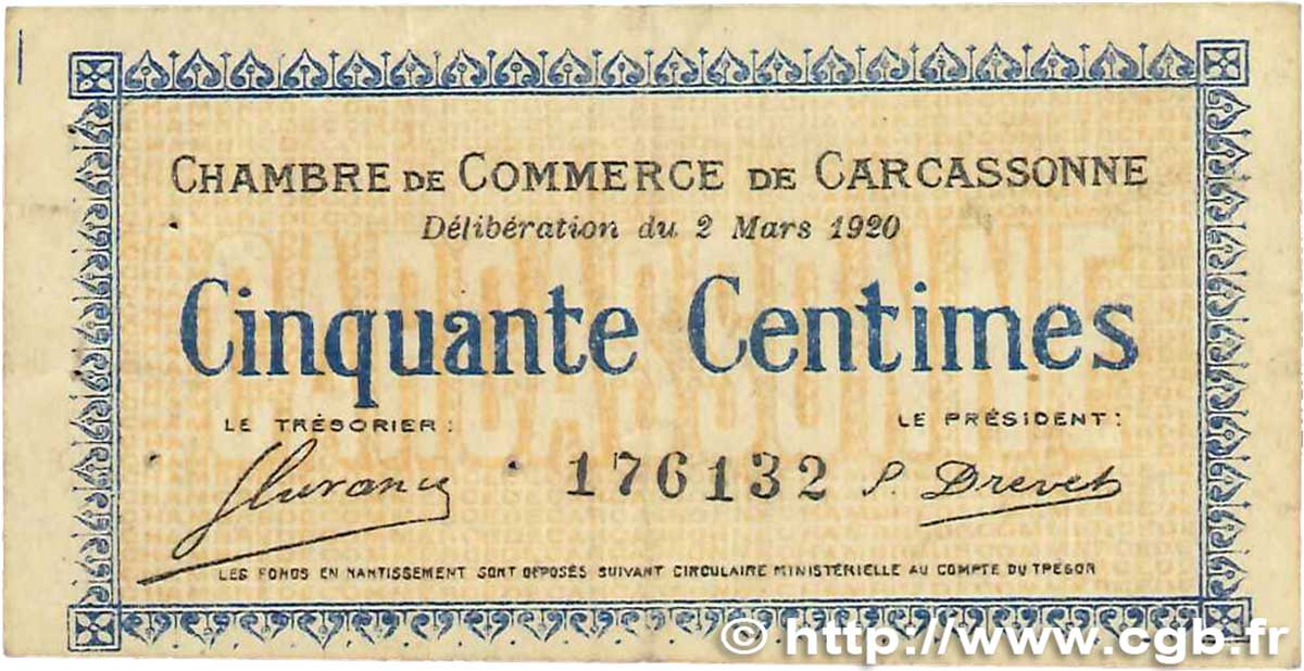 50 Centimes FRANCE regionalismo e varie Carcassonne 1920 JP.038.15 MB