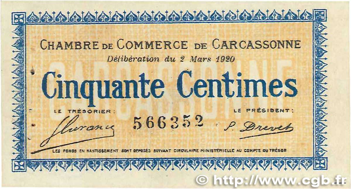 50 Centimes FRANCE regionalism and miscellaneous Carcassonne 1920 JP.038.15 XF+