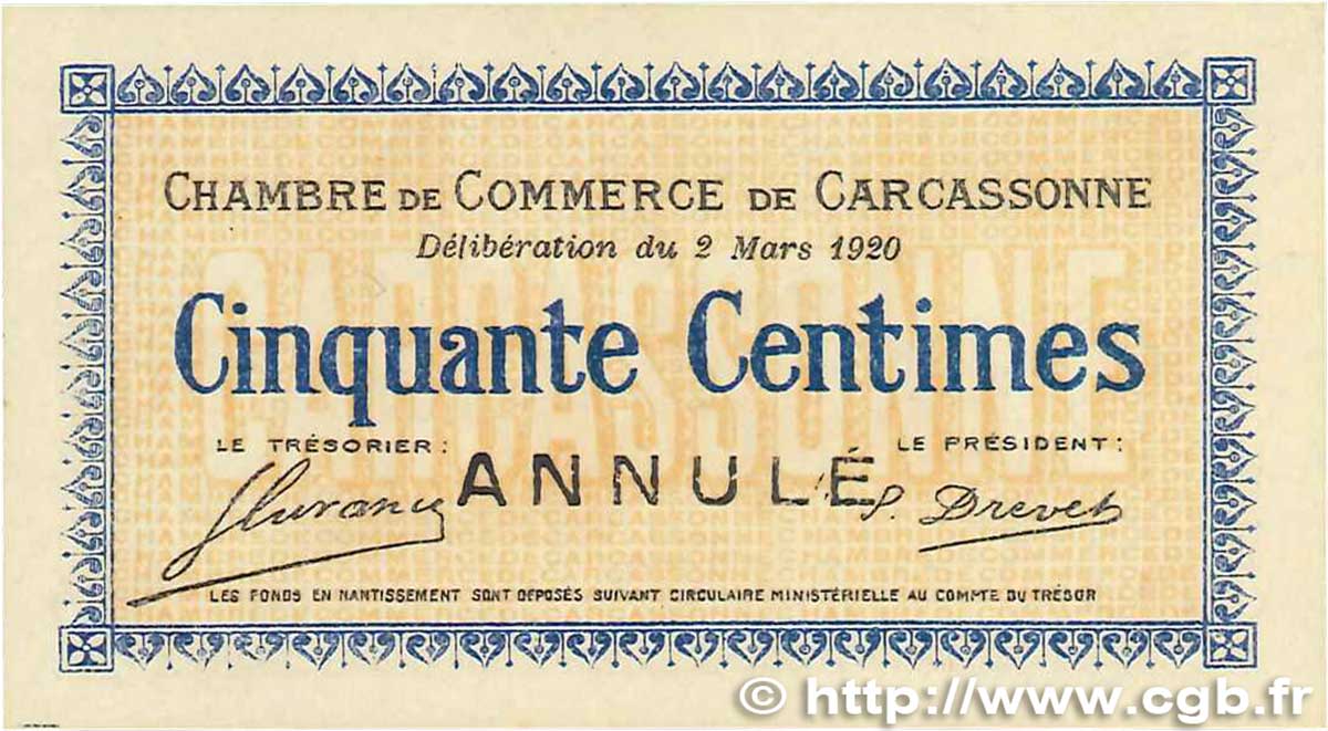 50 Centimes Annulé FRANCE regionalismo y varios Carcassonne 1920 JP.038.16 SC+