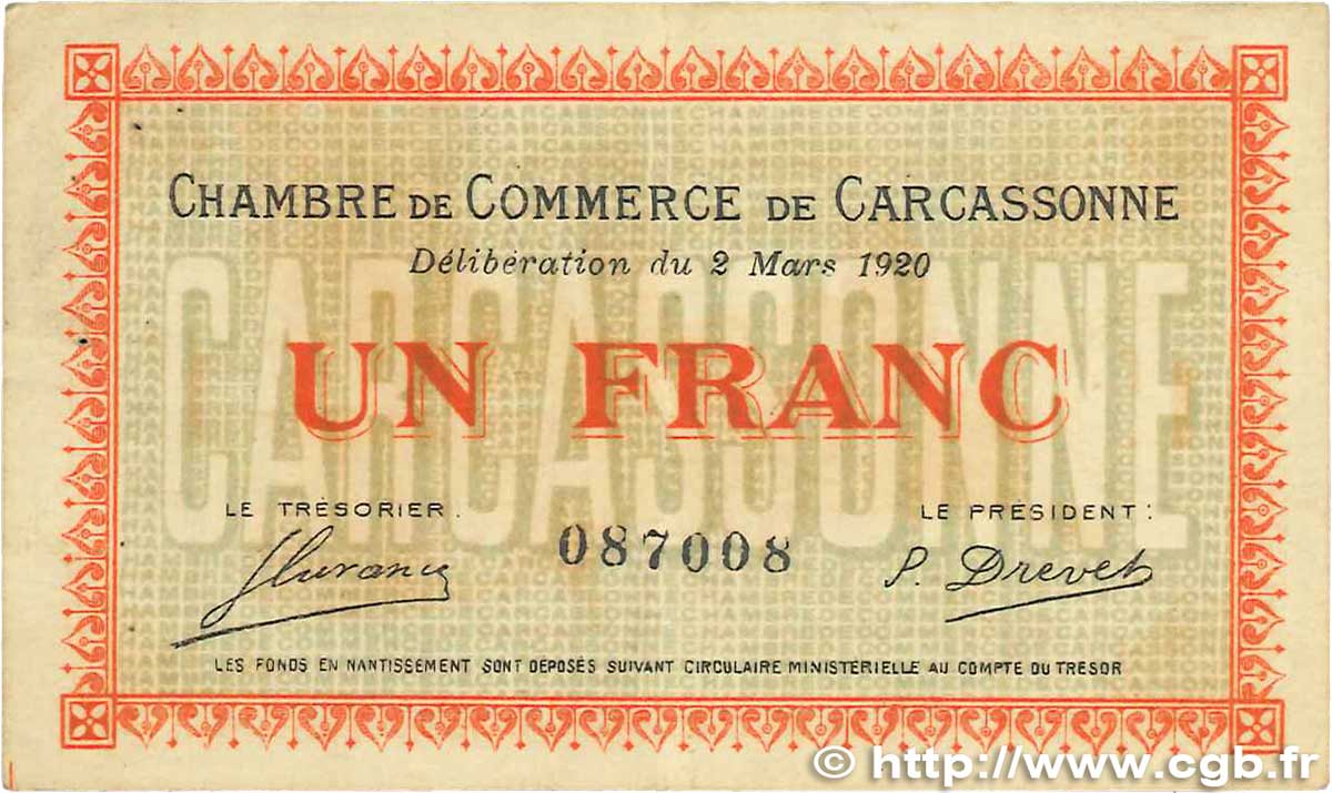 1 Franc FRANCE regionalismo e varie Carcassonne 1920 JP.038.17 MB