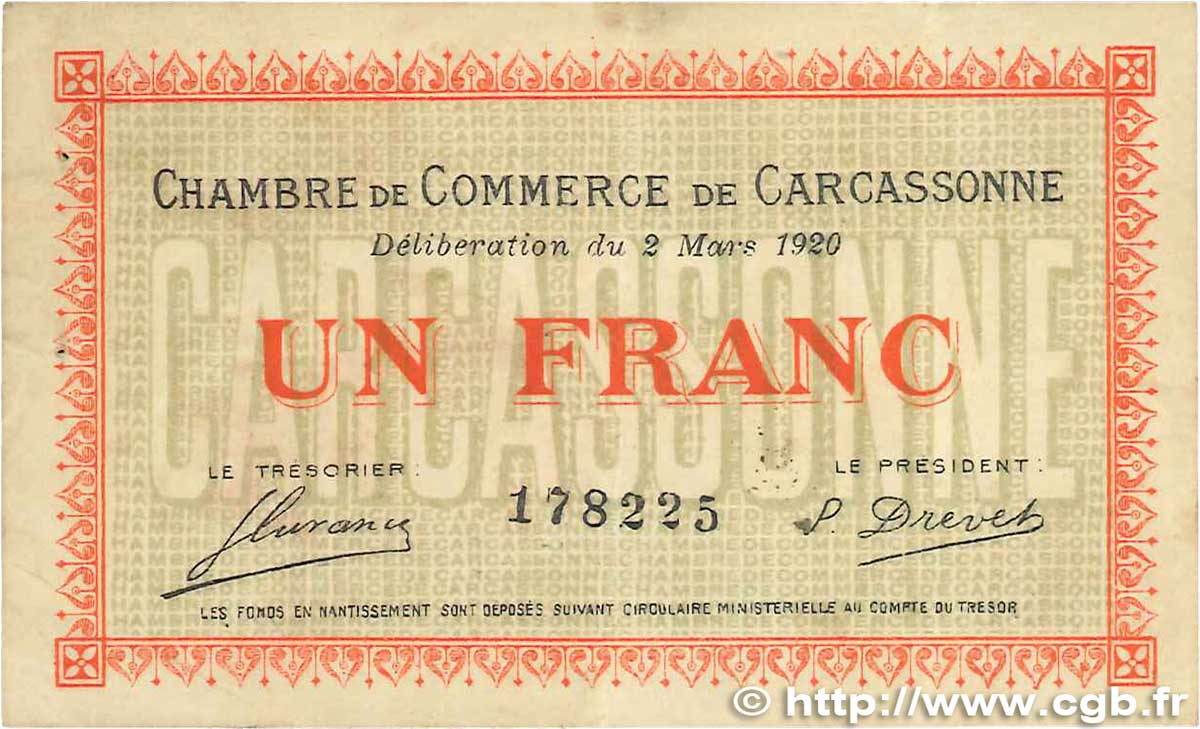 1 Franc FRANCE Regionalismus und verschiedenen Carcassonne 1920 JP.038.17 fSS