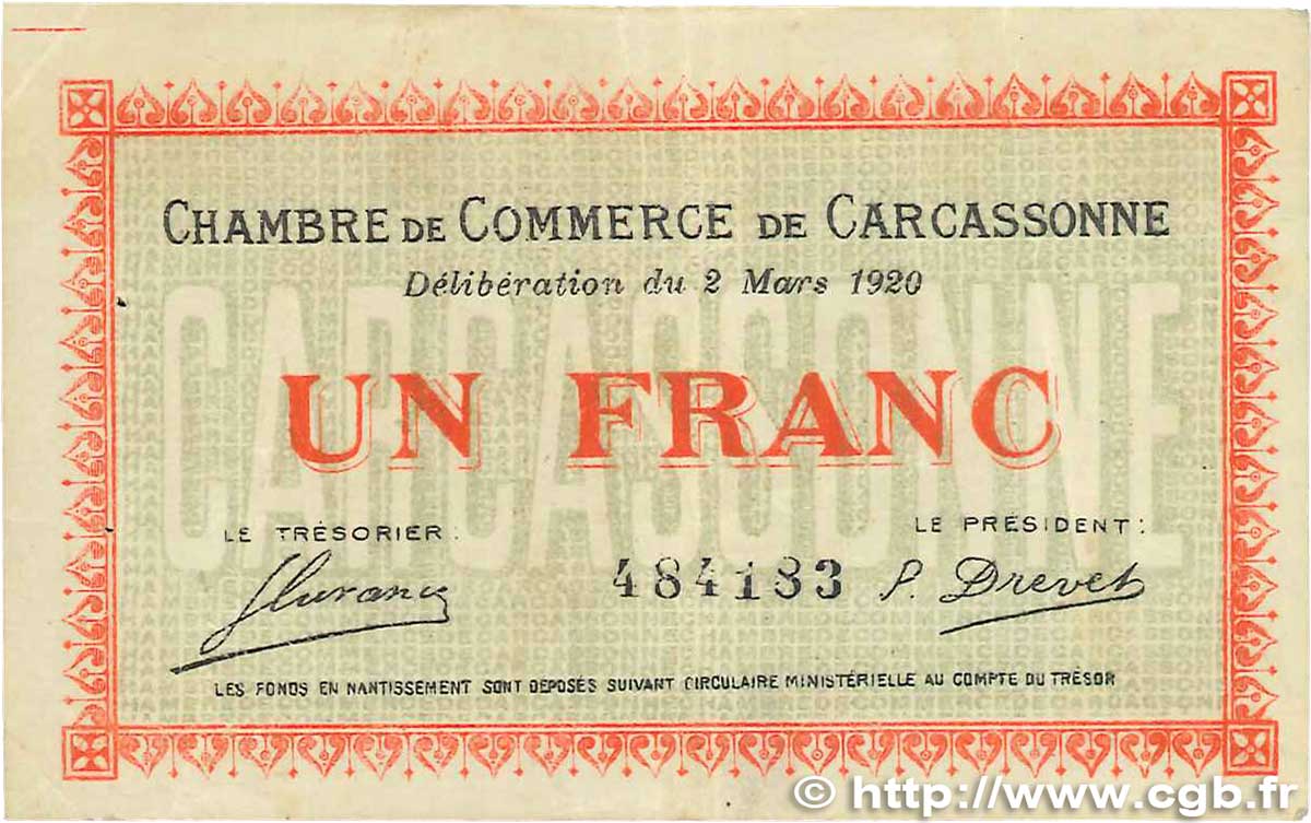 1 Franc FRANCE Regionalismus und verschiedenen Carcassonne 1920 JP.038.17 SS