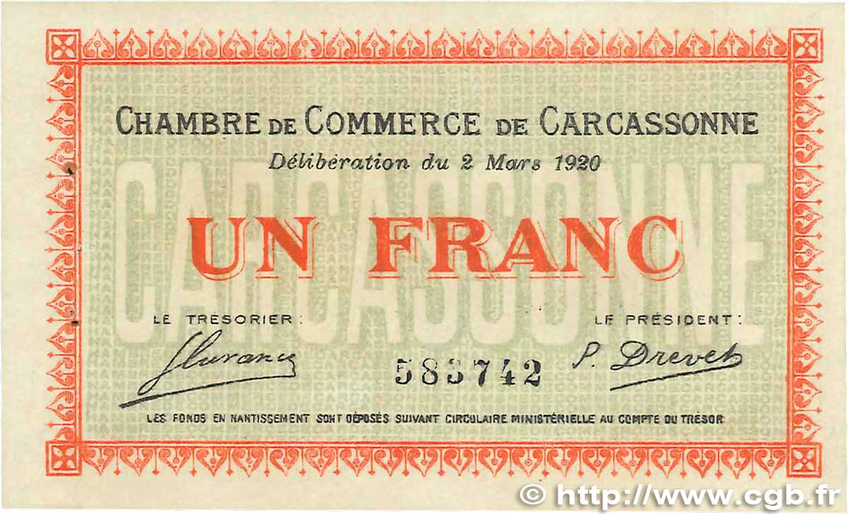1 Franc FRANCE Regionalismus und verschiedenen Carcassonne 1920 JP.038.17 fST