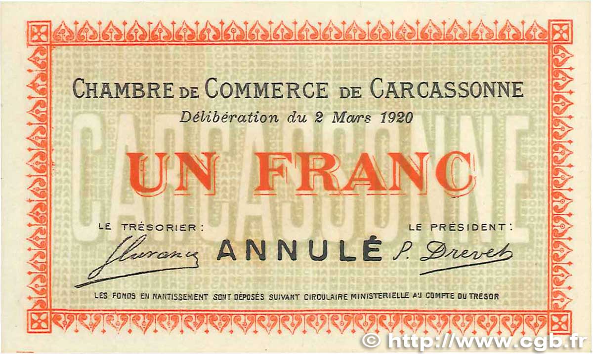 1 Franc Annulé FRANCE regionalismo y varios Carcassonne 1920 JP.038.18 SC+