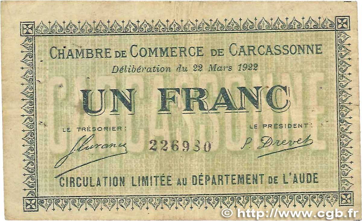 1 Franc FRANCE regionalism and various Carcassonne 1922 JP.038.21 F