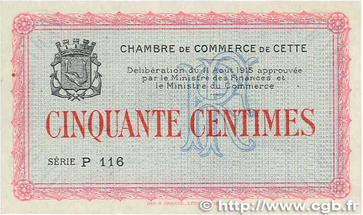 50 Centimes Annulé FRANCE regionalism and various Cette, actuellement Sete 1915 JP.041.03 AU+