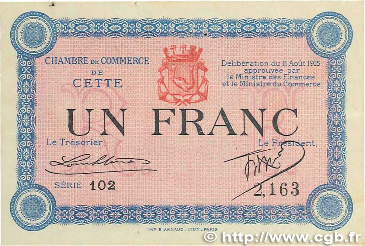 1 Franc FRANCE regionalism and various Cette, actuellement Sete 1915 JP.041.05 VF+