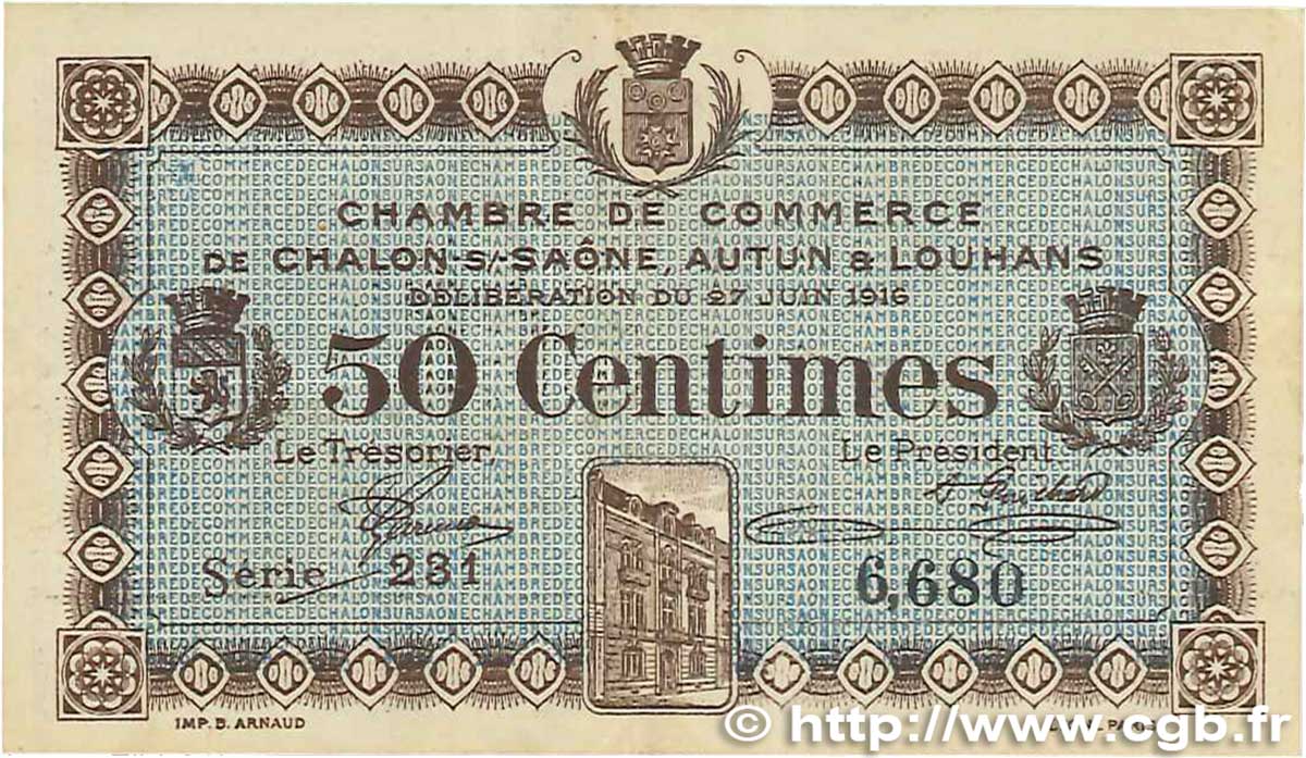 50 Centimes FRANCE regionalism and various Châlon-Sur-Saône, Autun et Louhans 1916 JP.042.01 VF+