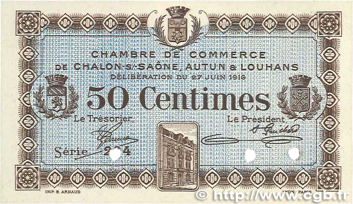 50 Centimes Spécimen FRANCE Regionalismus und verschiedenen Châlon-Sur-Saône, Autun et Louhans 1916 JP.042.02 VZ+