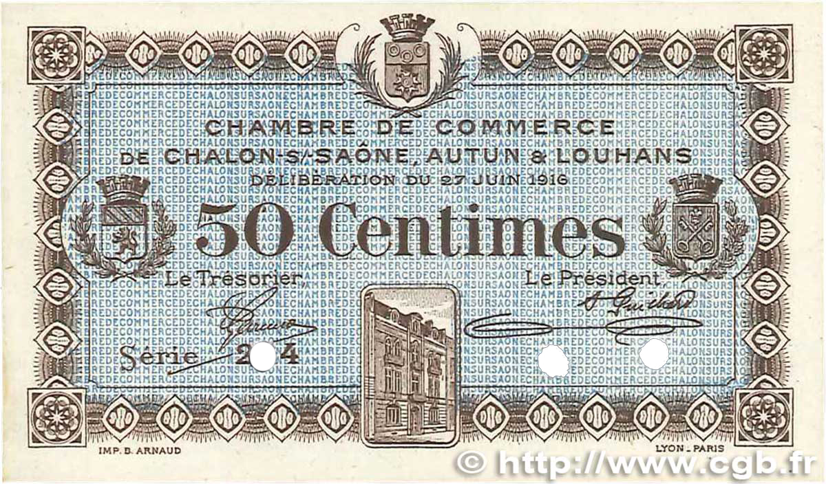 50 Centimes Spécimen FRANCE Regionalismus und verschiedenen Châlon-Sur-Saône, Autun et Louhans 1916 JP.042.02 fST