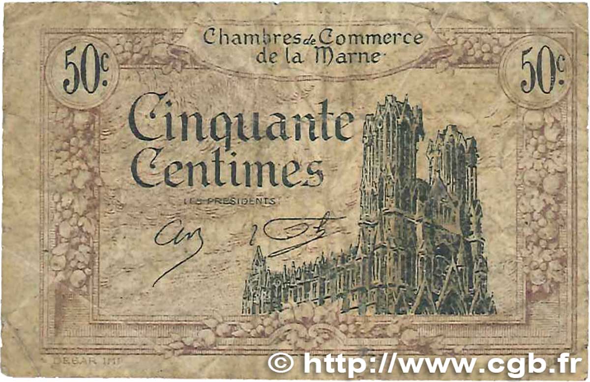 50 Centimes FRANCE regionalismo y varios Chalons, Reims, Épernay 1922 JP.043.01 RC+