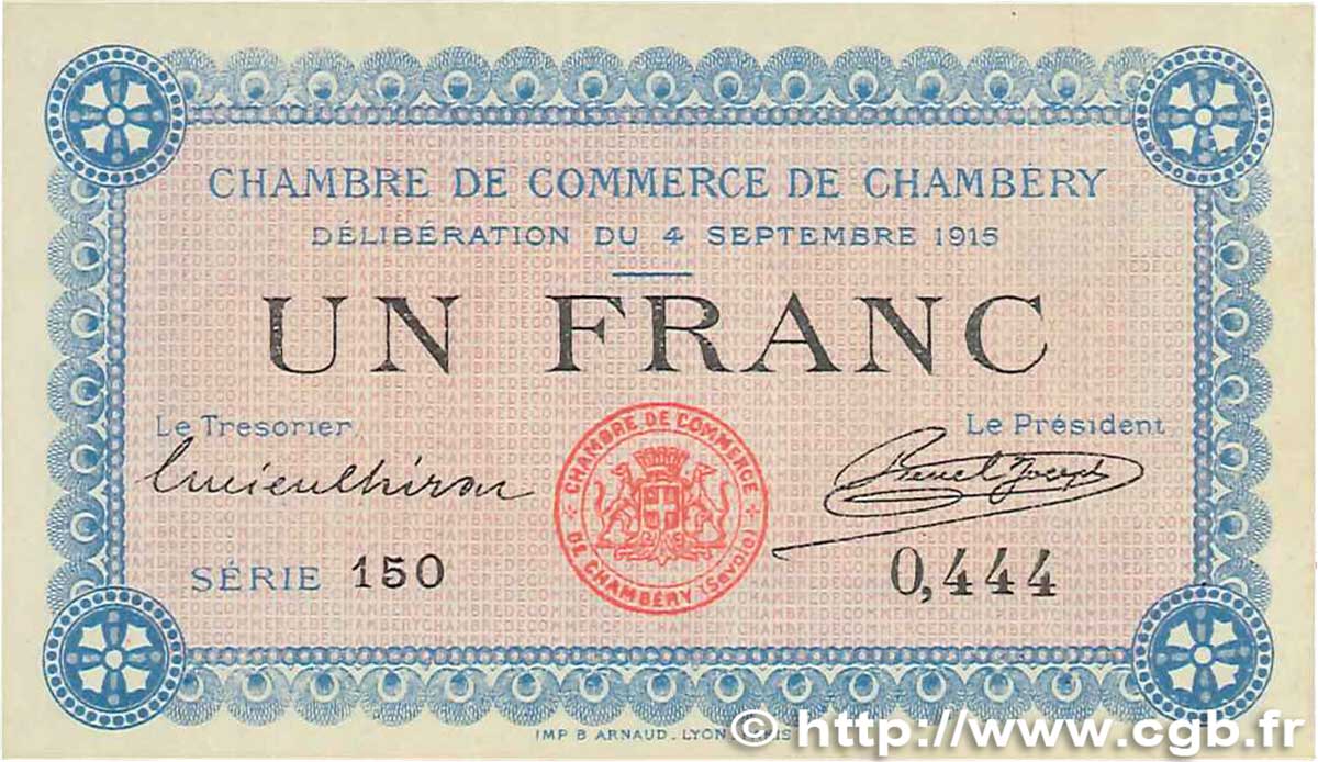 1 Franc FRANCE regionalism and miscellaneous Chambéry 1915 JP.044.01 XF+
