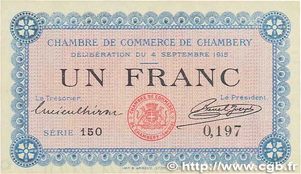 1 Franc FRANCE regionalismo y varios Chambéry 1915 JP.044.01 SC+