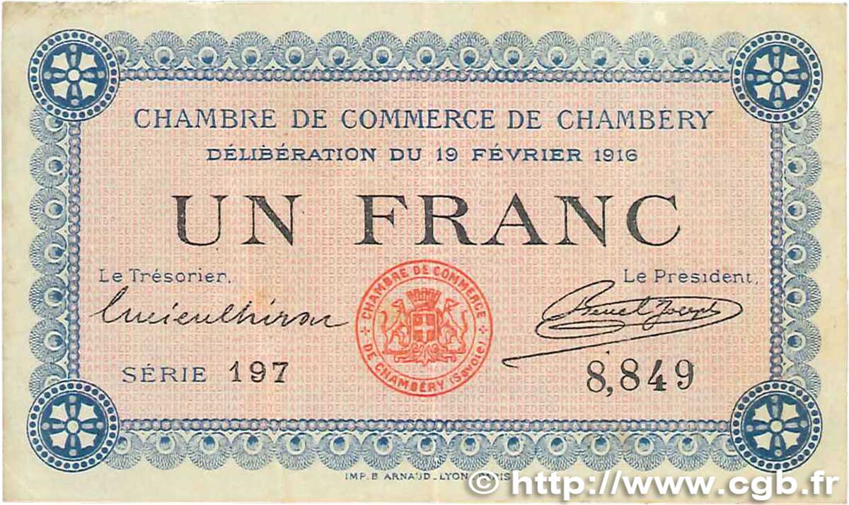 1 Franc FRANCE regionalism and miscellaneous Chambéry 1916 JP.044.05 F