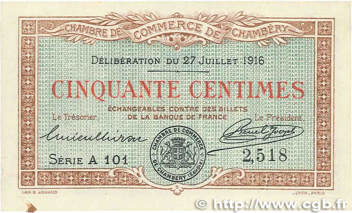 50 Centimes FRANCE regionalism and various Chambéry 1916 JP.044.07 XF+
