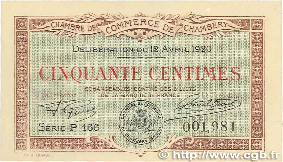 50 Centimes FRANCE régionalisme et divers Chambéry 1920 JP.044.11 pr.NEUF