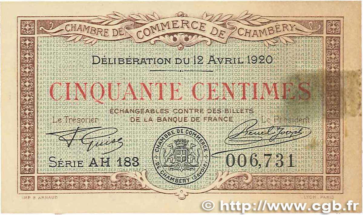 50 Centimes FRANCE regionalism and various Chambéry 1920 JP.044.12 XF