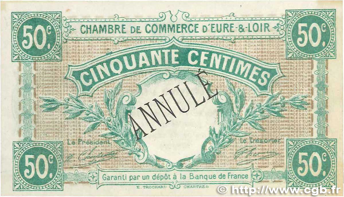 50 Centimes Annulé FRANCE regionalism and miscellaneous Chartres 1915 JP.045.02 VF+
