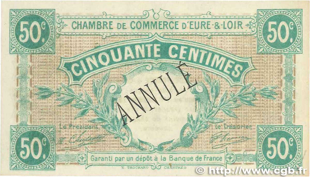 50 Centimes Annulé FRANCE regionalism and various Chartres 1915 JP.045.02 AU-