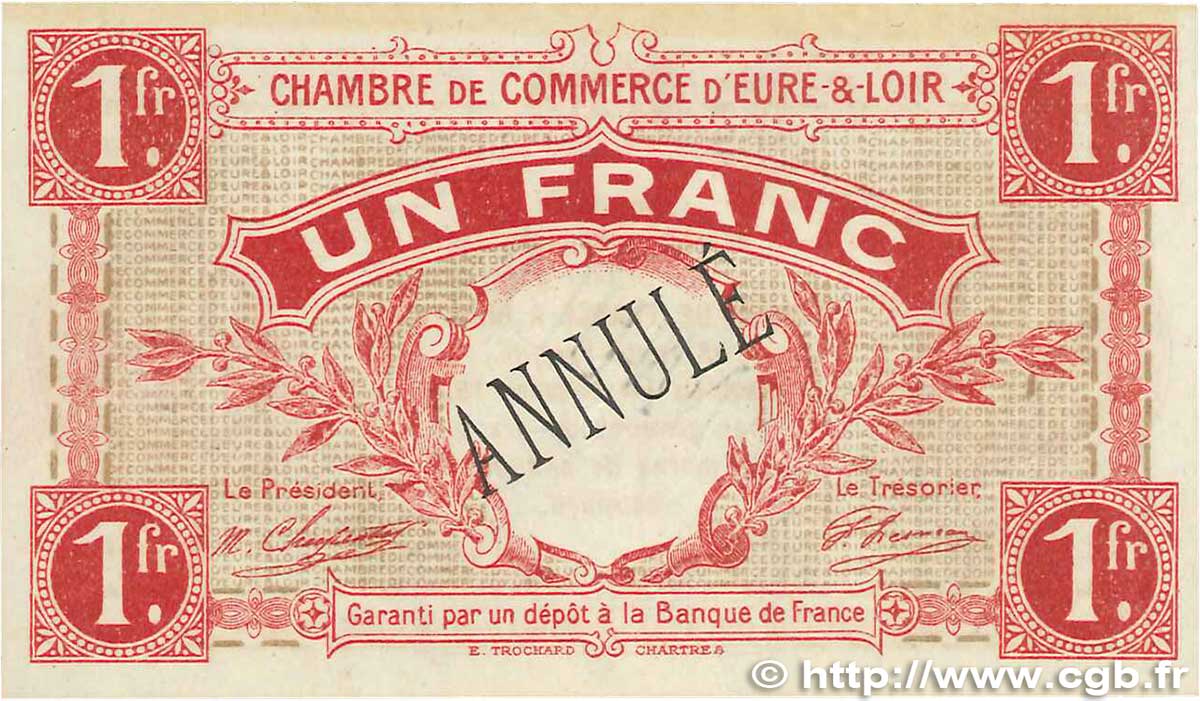 1 Franc Annulé FRANCE regionalism and miscellaneous Chartres 1915 JP.045.04 XF+