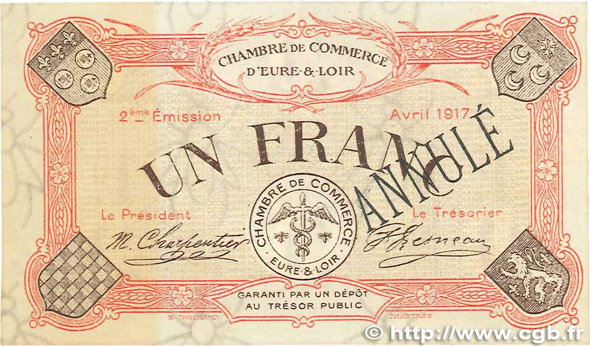 1 Franc Annulé FRANCE regionalism and various Chartres 1917 JP.045.08 VF