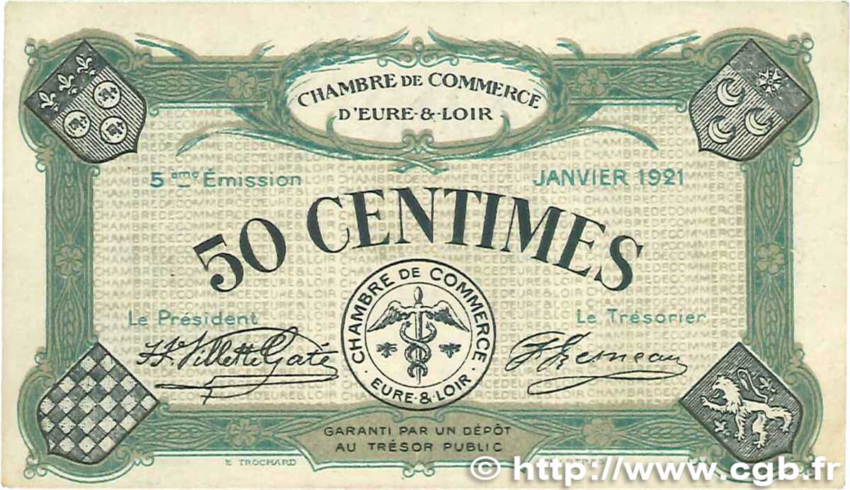 50 Centimes FRANCE Regionalismus und verschiedenen Chartres 1921 JP.045.11 SS