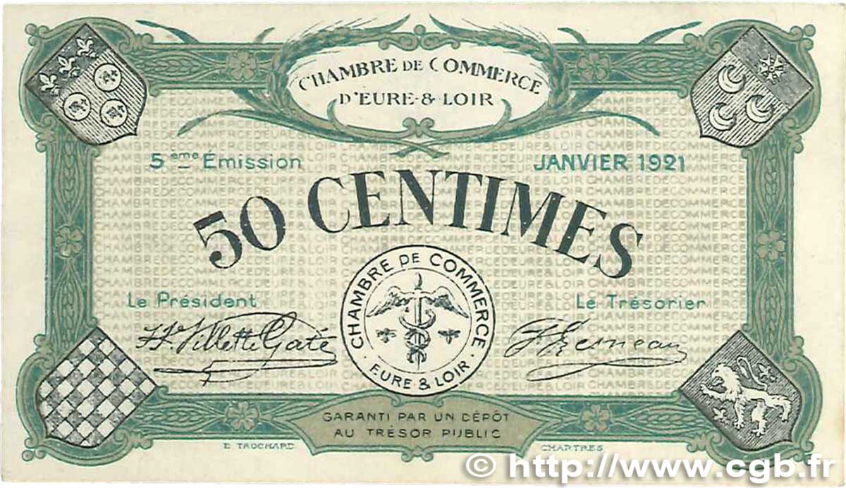 50 Centimes FRANCE regionalism and miscellaneous Chartres 1921 JP.045.11 XF+